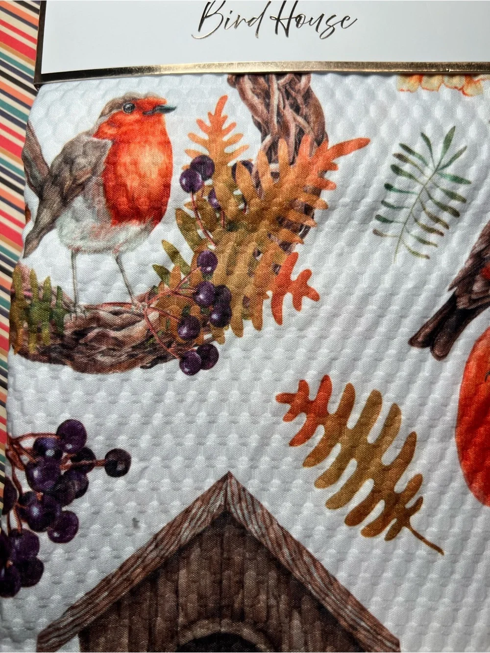 Autumn Birdhouse Textured Fabric Shower Curtain Birds Pumpkins Leaves Wreath